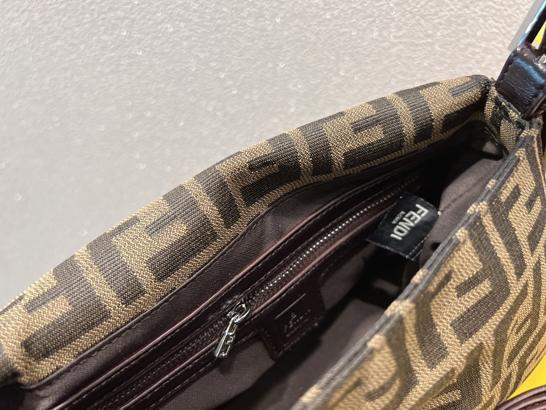 Fendi Baguette FF Monogram Canvas Shoulder Bag - Brown & Tobacco