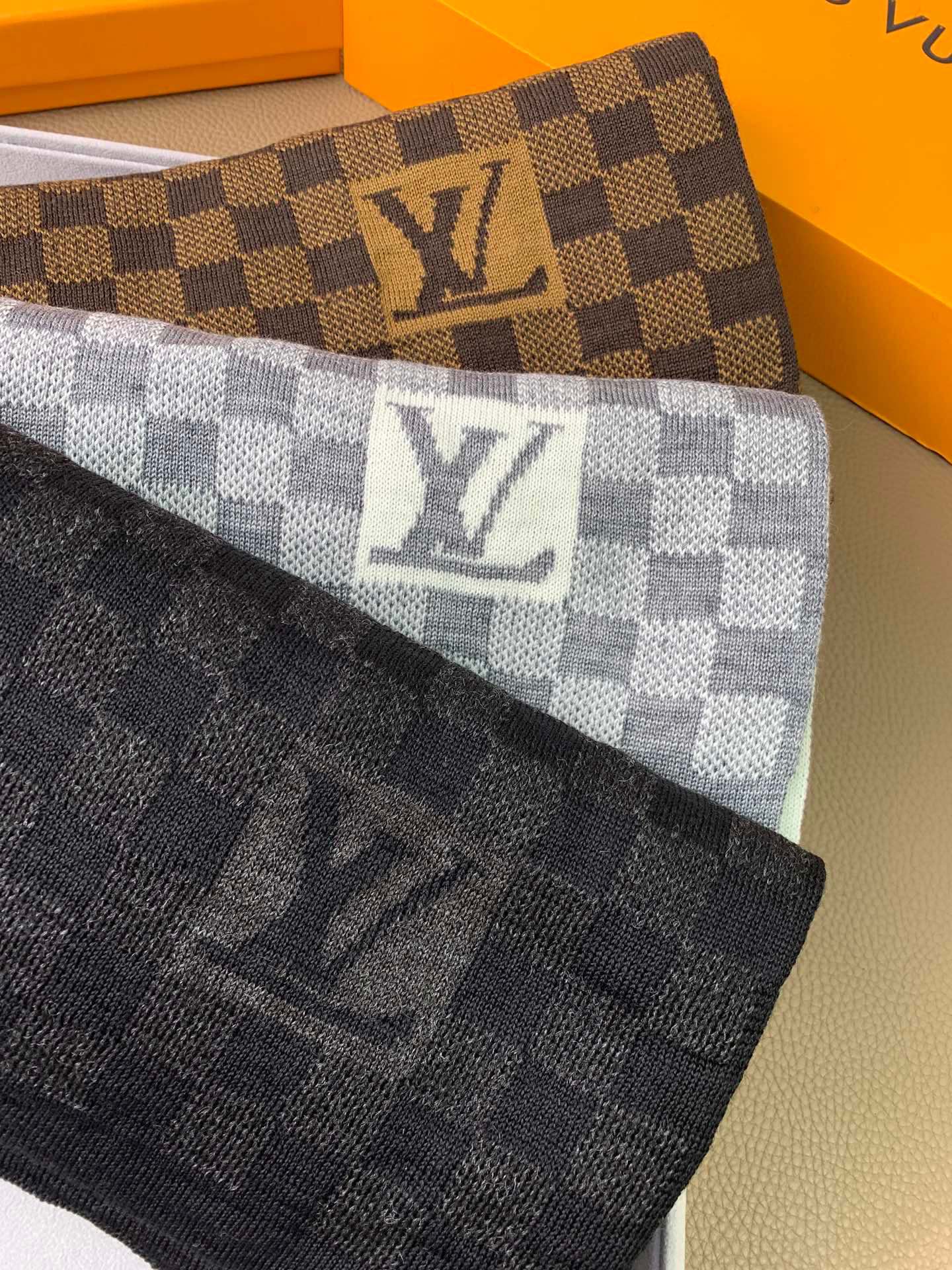 Louis Vuitton Damier Ebene Brown Checkered Scarf with LV Logo and Presentation Box