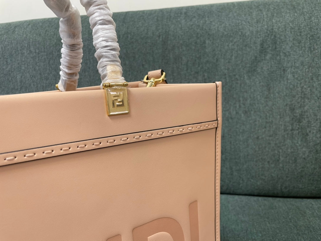 Fendi Sunshine Shopper Large Pink Leather Tote Bag with Tortoise Handles