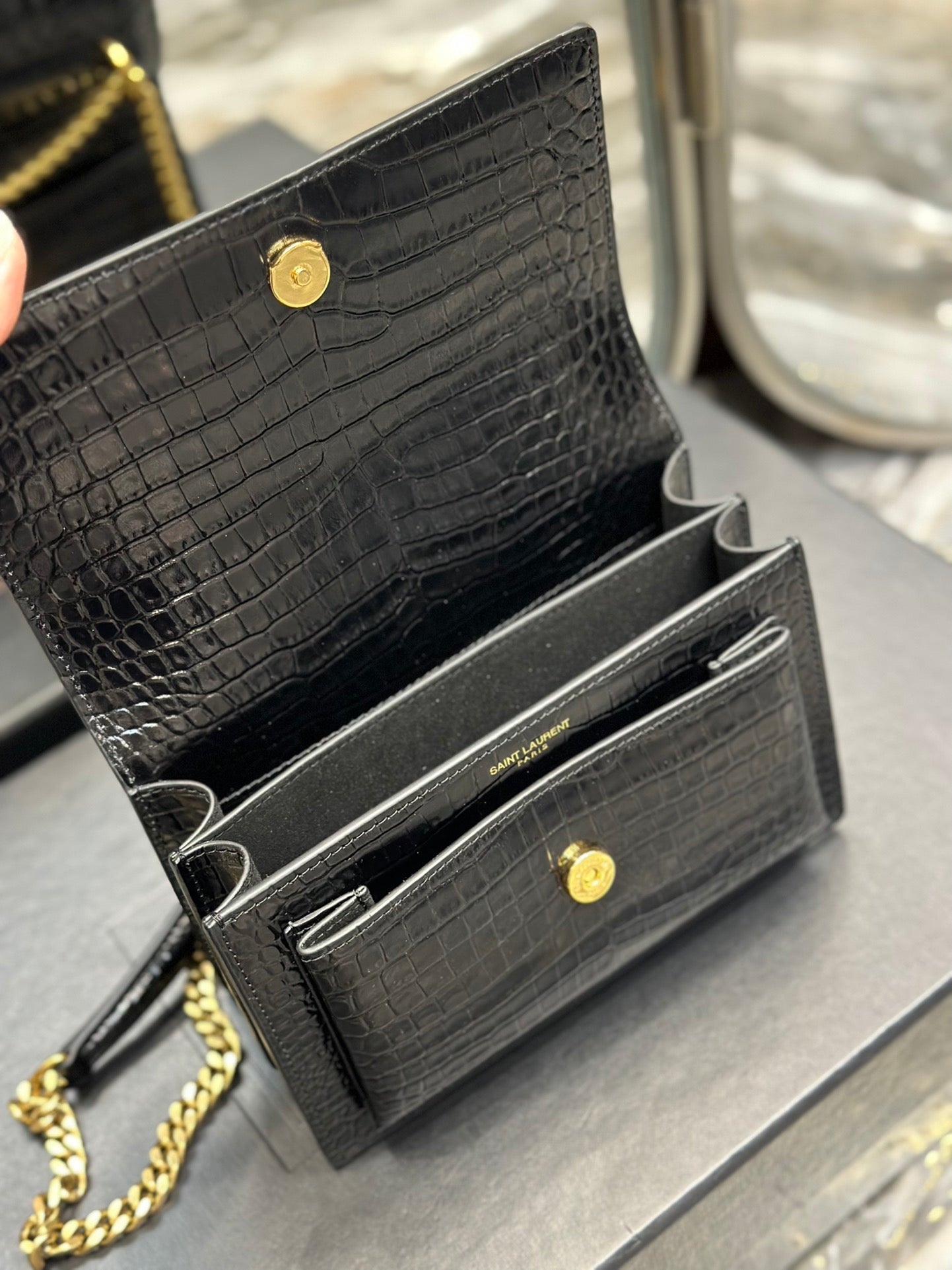 Saint Laurent Sunset Medium Shoulder Bag in Croc-Embossed Leather - Black