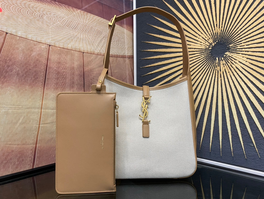 Saint Laurent YSL Canvas and Leather Hobo Bag - White and Tan