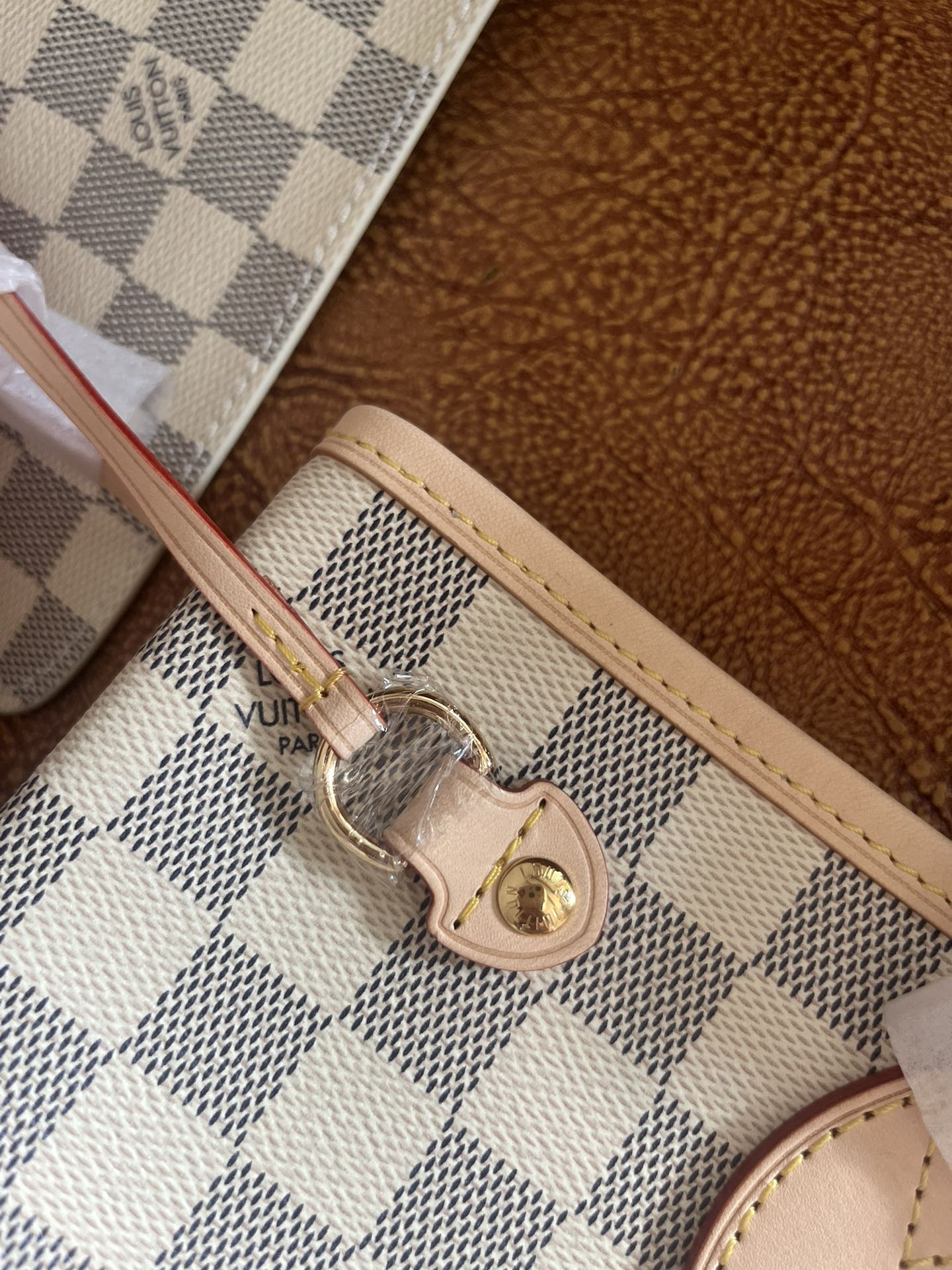 Damier Azur Checkered Tote Bag with Matching Pouch - White and Grey Shoulder Bag