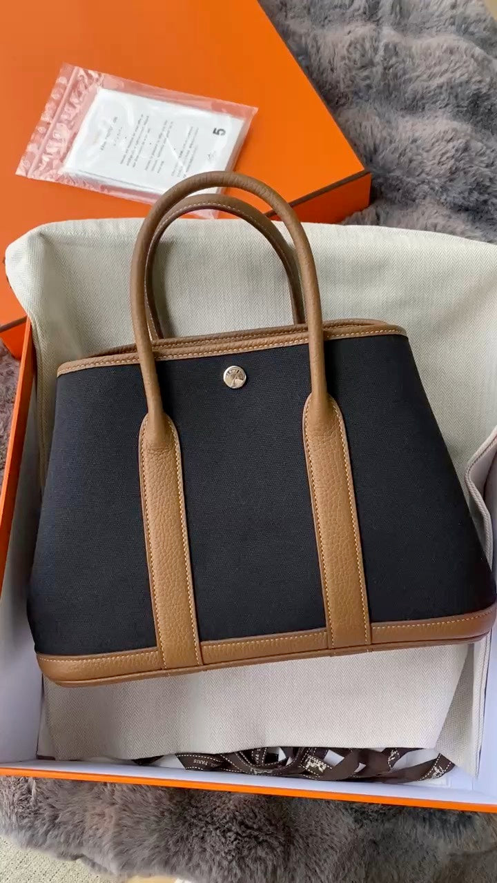 Hermès Garden Party 30 TPM Tote Bag Black Toile Canvas & Gold Leather Trim