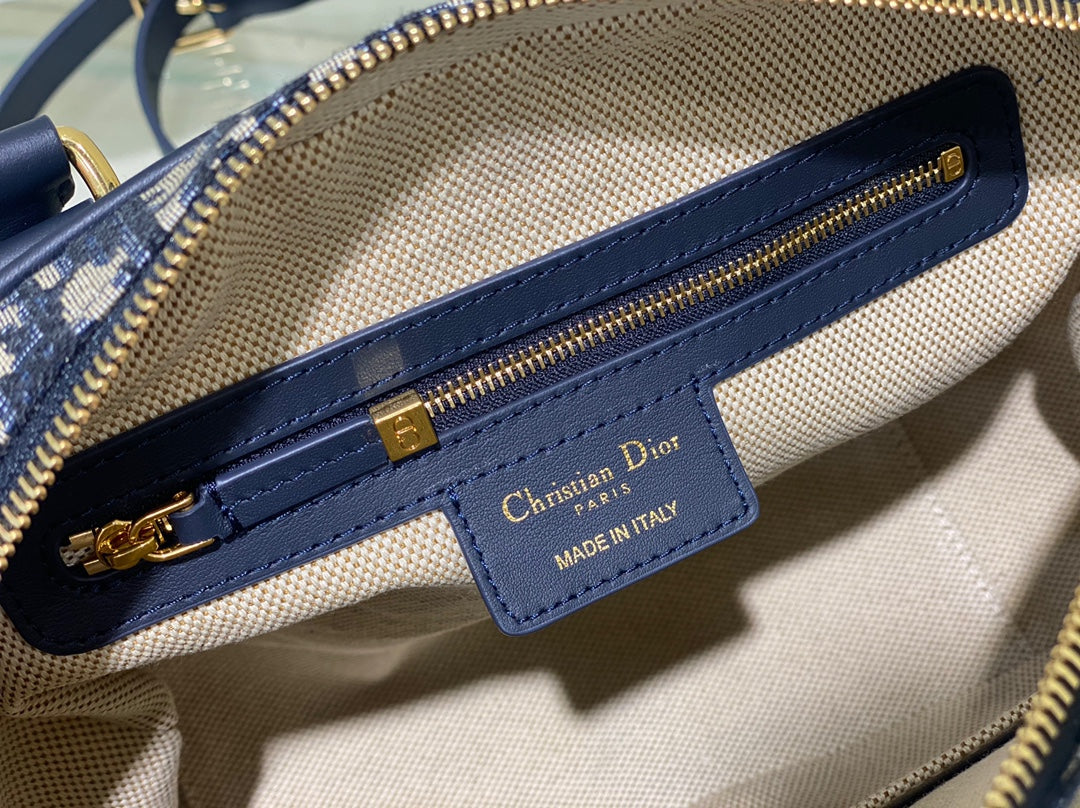 Dior Oblique Canvas Handbag - Navy Blue & Beige Monogram Boston Bag
