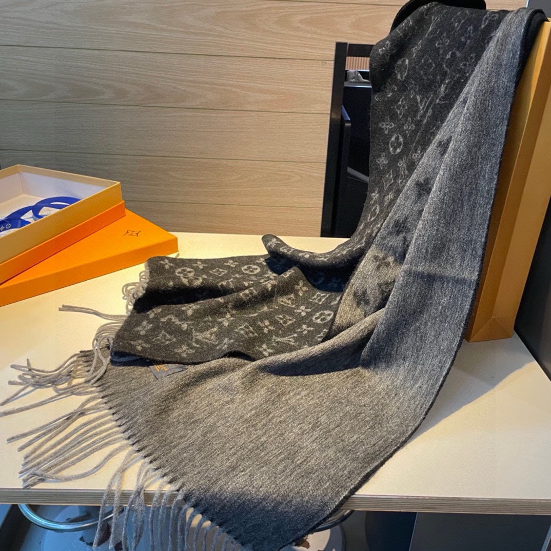 Louis Vuitton Monogram Shawl Scarf - Anthracite Grey Wool & Silk Blend Luxury Designer Wrap for Women