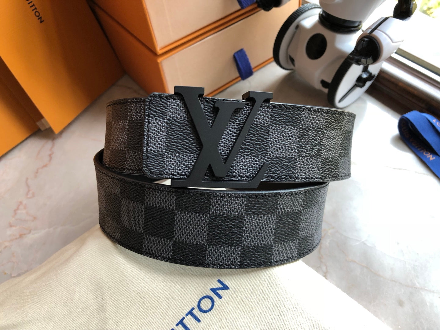 Louis Vuitton LV Initiales 40mm Reversible Belt, Damier Graphite Canvas &amp; Black Leather, Matte Black Buckle