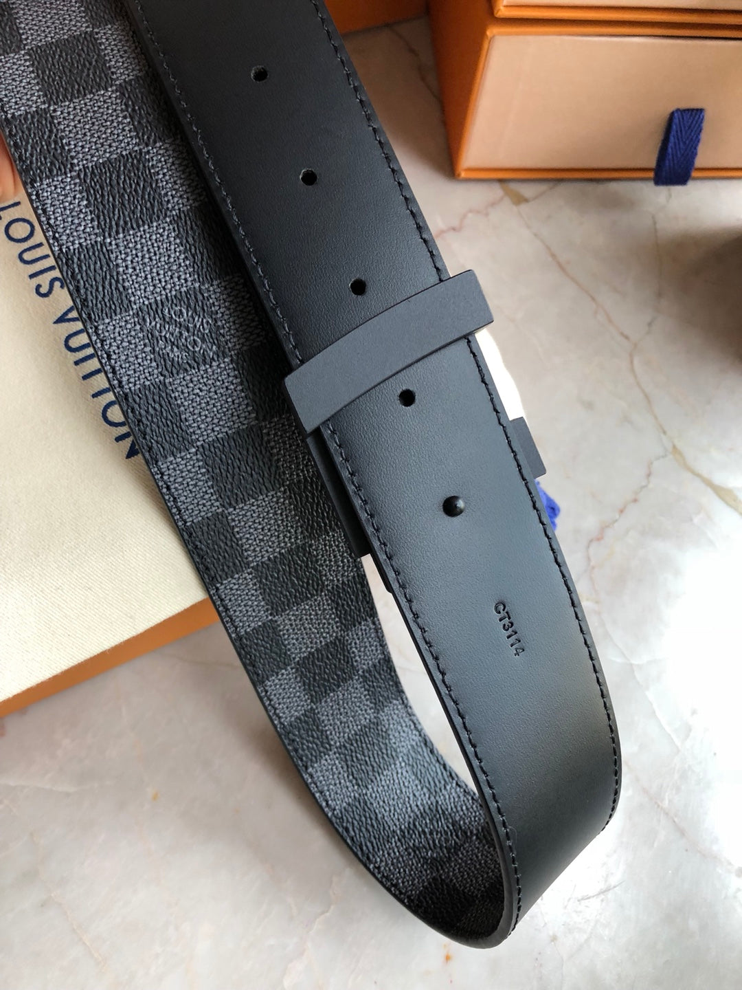 Louis Vuitton LV Initiales 40mm Reversible Belt, Damier Graphite Canvas &amp; Black Leather, Matte Black Buckle