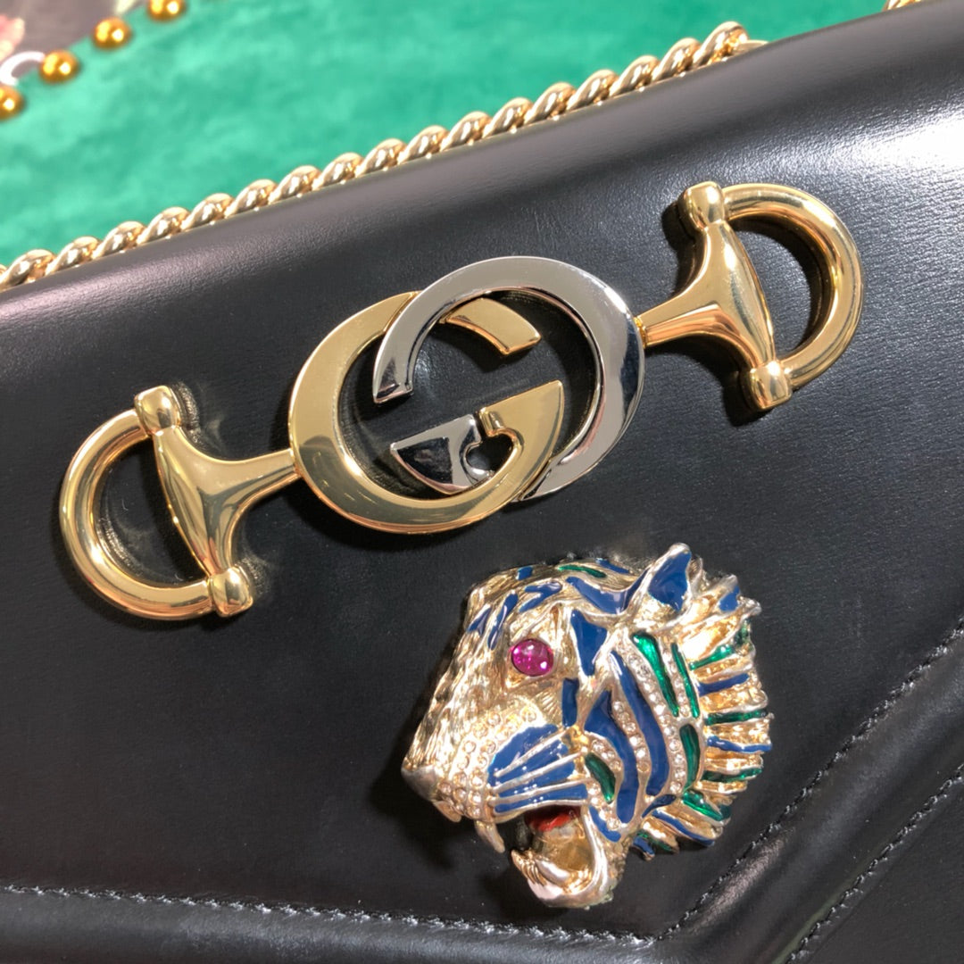 Gucci Rajah Medium Shoulder Bag - Black Leather with Tiger Head &amp; Horsebit