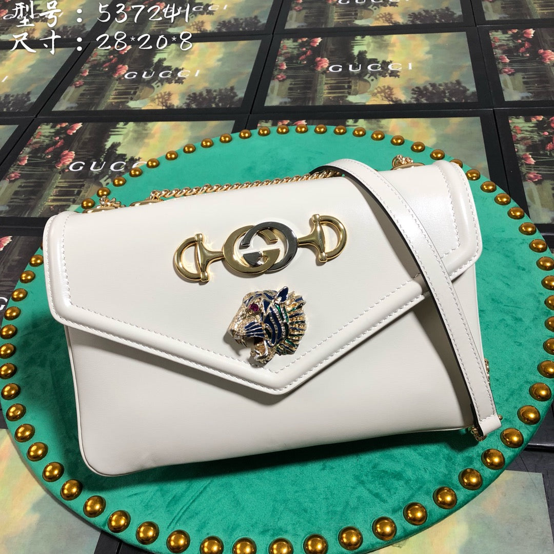 Gucci Rajah Small White Leather Shoulder Bag with Horsebit and Tiger Head