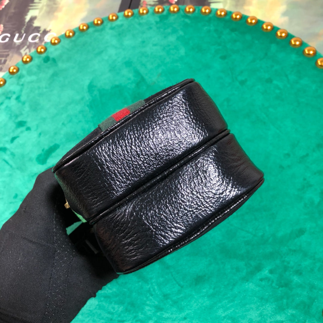 Small Black Suede Crossbody Bag with Web Stripe and Gold Logo Emblem