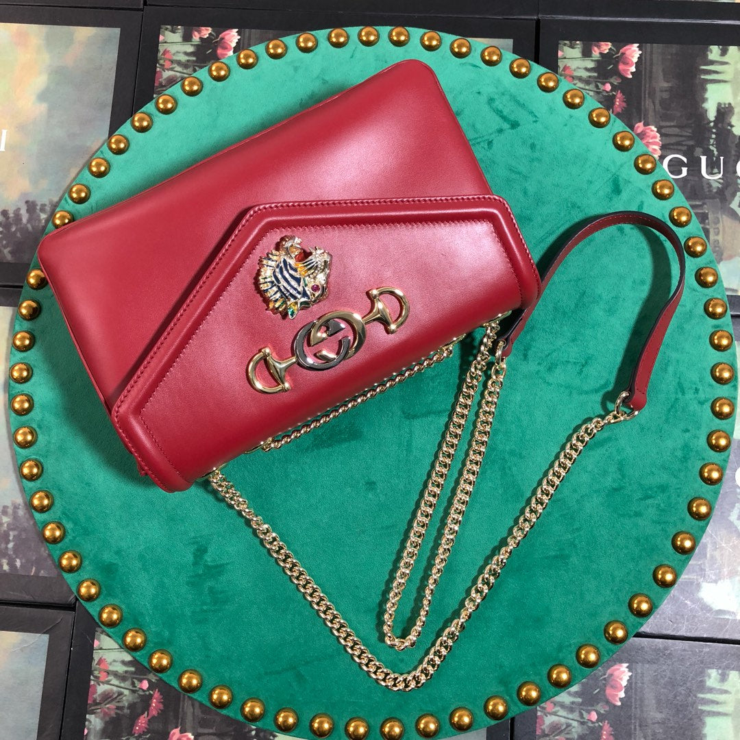Red Leather Rajah Style Shoulder Bag with Tiger Head and Horsebit Detail