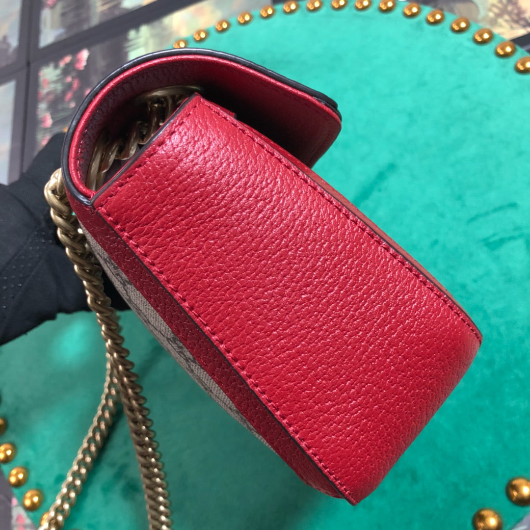 Gucci GG Marmont Small Shoulder Bag - GG Supreme Canvas with Red Leather Trim