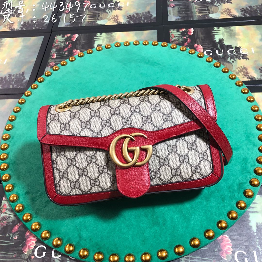 Gucci GG Marmont Small Shoulder Bag - GG Supreme Canvas with Red Leather Trim