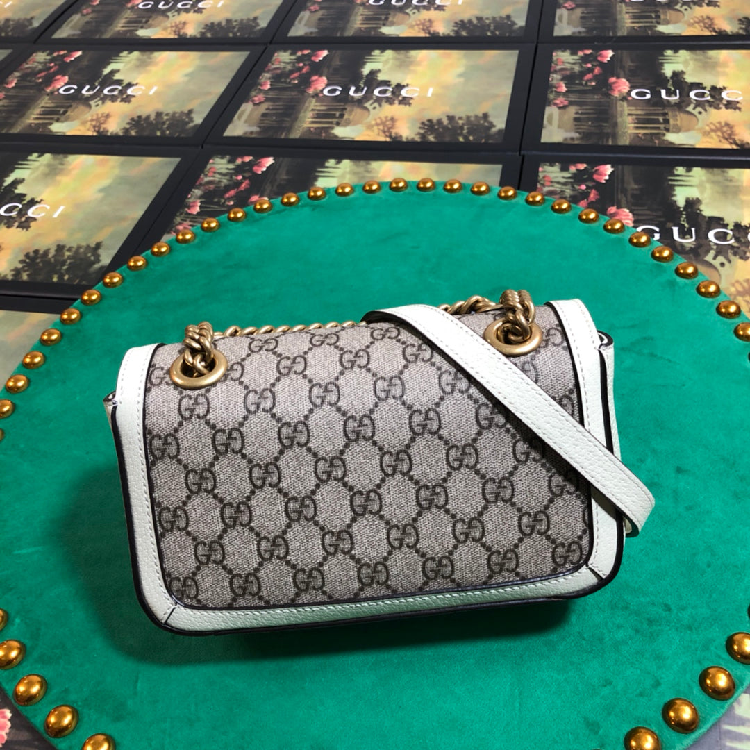 Gucci GG Marmont Small Shoulder Bag - GG Supreme Canvas with White Leather Trim