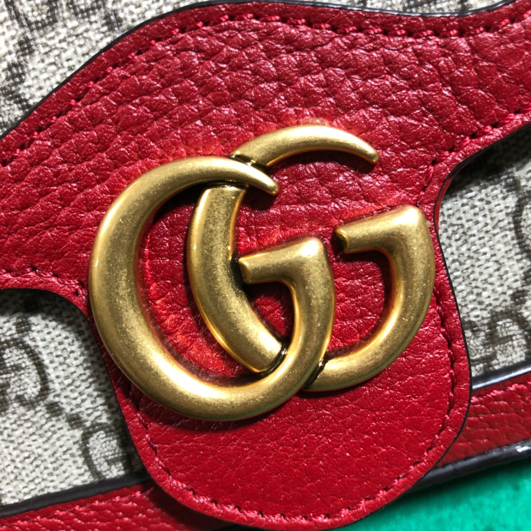 Gucci GG Marmont Small Shoulder Bag in GG Supreme Canvas with Red Leather Trim