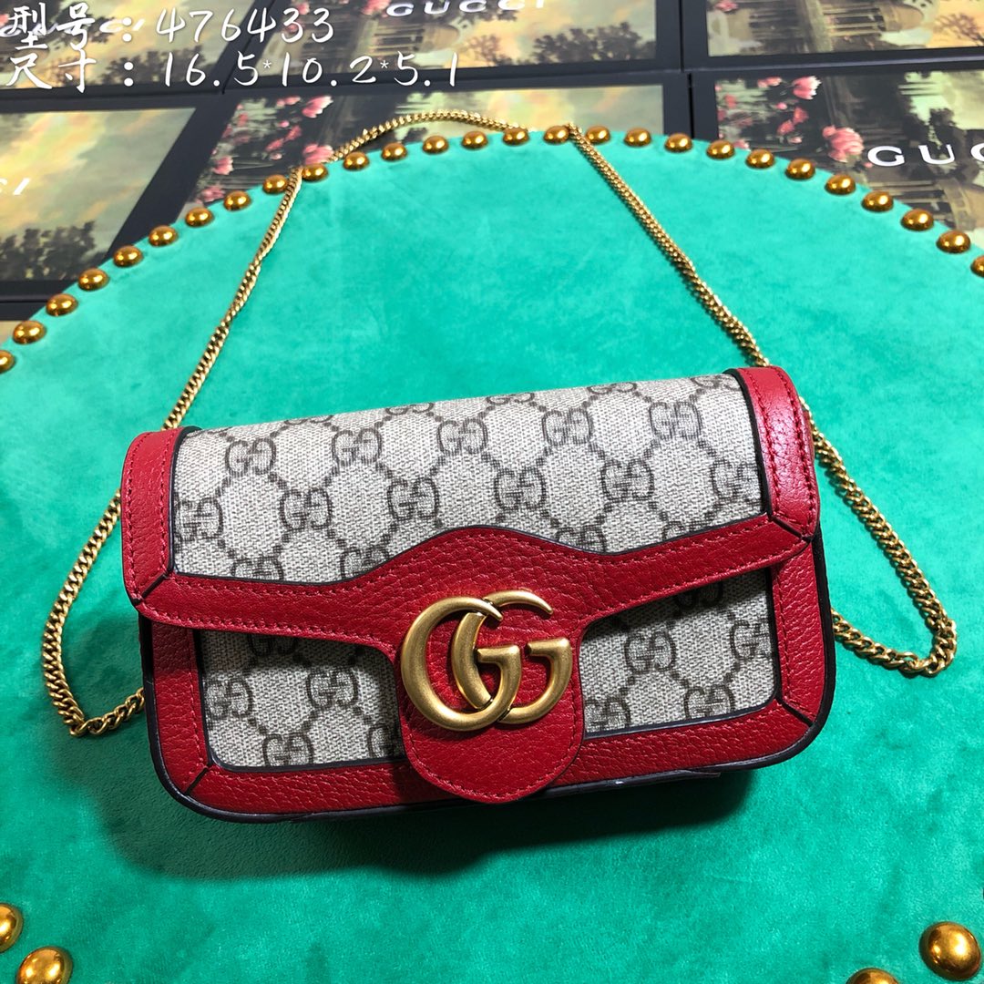 Gucci GG Marmont Small Shoulder Bag in GG Supreme Canvas with Red Leather Trim