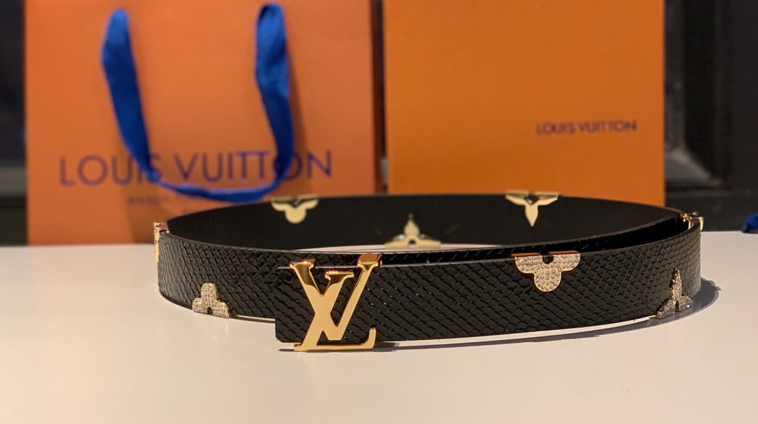 Luxury Designer Black Textured Leather Belt with Gold LV Initial Buckle and Floral Monogram Embellishments