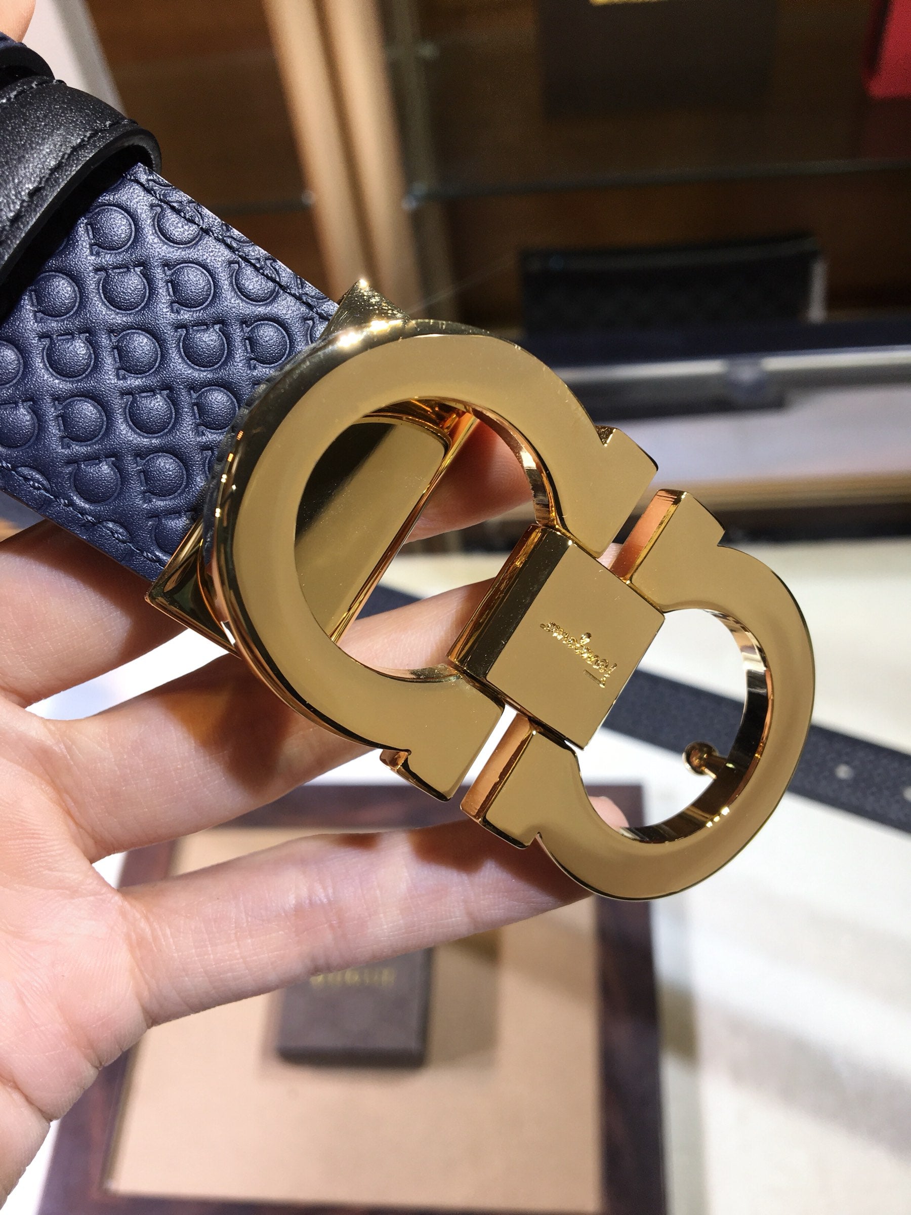 Salvatore Ferragamo Men's Gancini Embossed Navy Blue Leather Belt with Gold-Tone Buckle