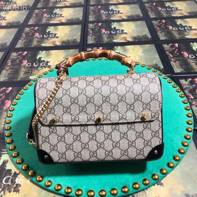Gucci GG Supreme Padlock Bamboo Top Handle Shoulder Bag