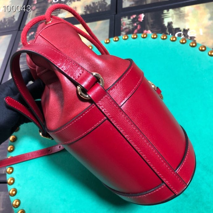 Red Leather Horsebit Bucket Bag - Elegant Drawstring Crossbody Handbag