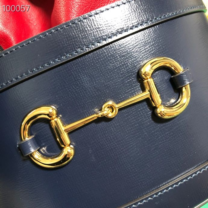 Navy and Red Leather Horsebit 1955 Small Bucket Bag with Gold Hardware
