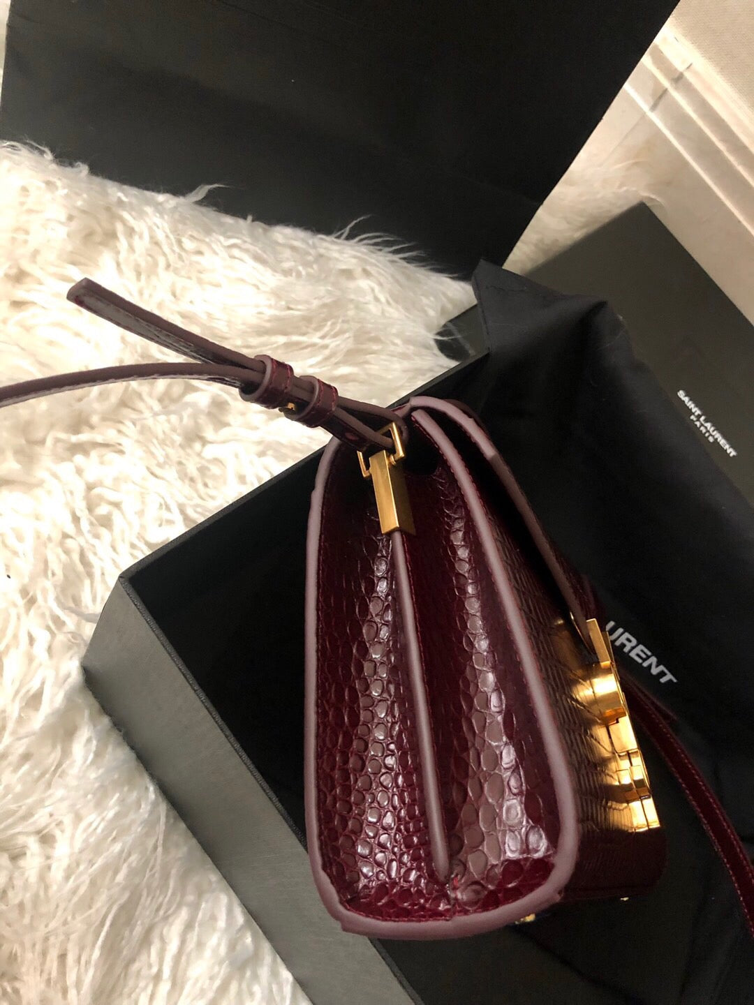 Saint Laurent Cassandra Mini Top Handle Bag - Burgundy Crocodile-Embossed Leather