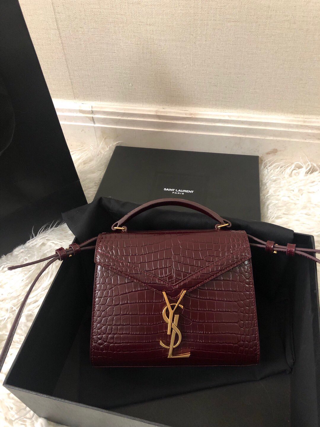 Saint Laurent Cassandra Mini Top Handle Bag - Burgundy Crocodile-Embossed Leather