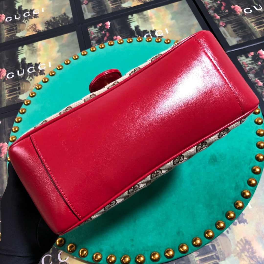 Gucci GG Marmont Small Top Handle Shoulder Bag - Quilted Canvas with Red Trim