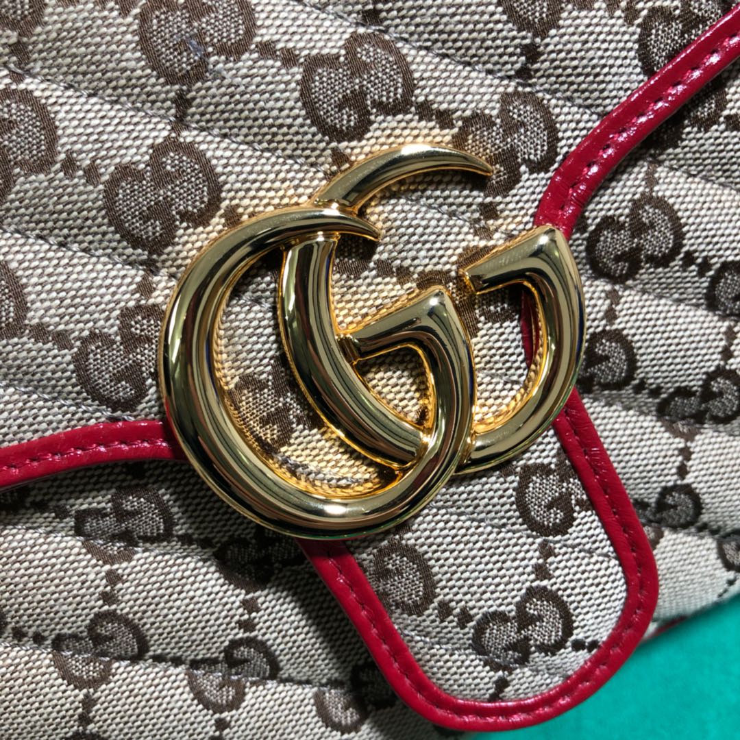 Gucci GG Marmont Small Top Handle Shoulder Bag - Quilted Canvas with Red Trim