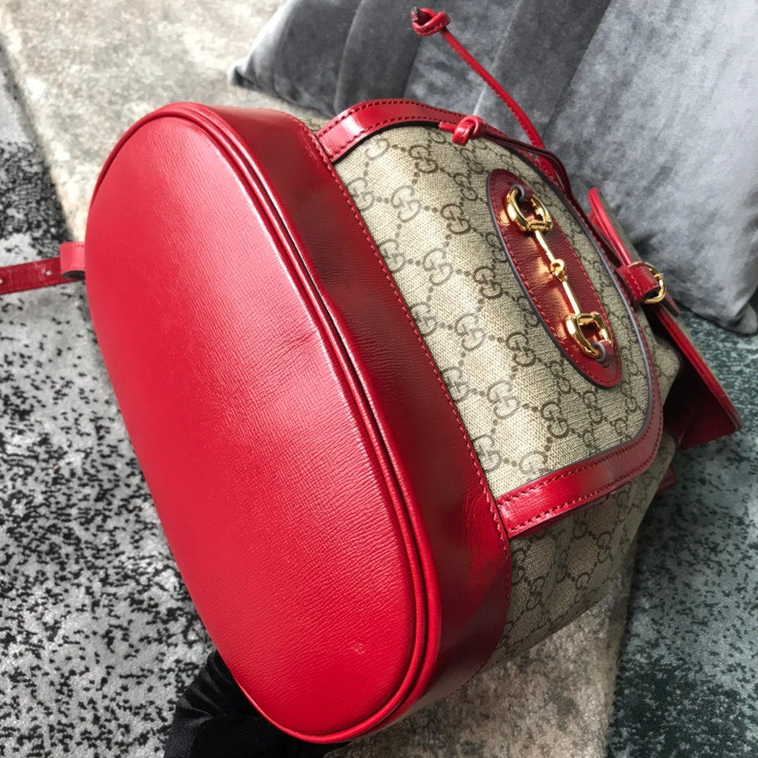 Gucci Horsebit 1955 Backpack GG Supreme Canvas with Red Leather Trim