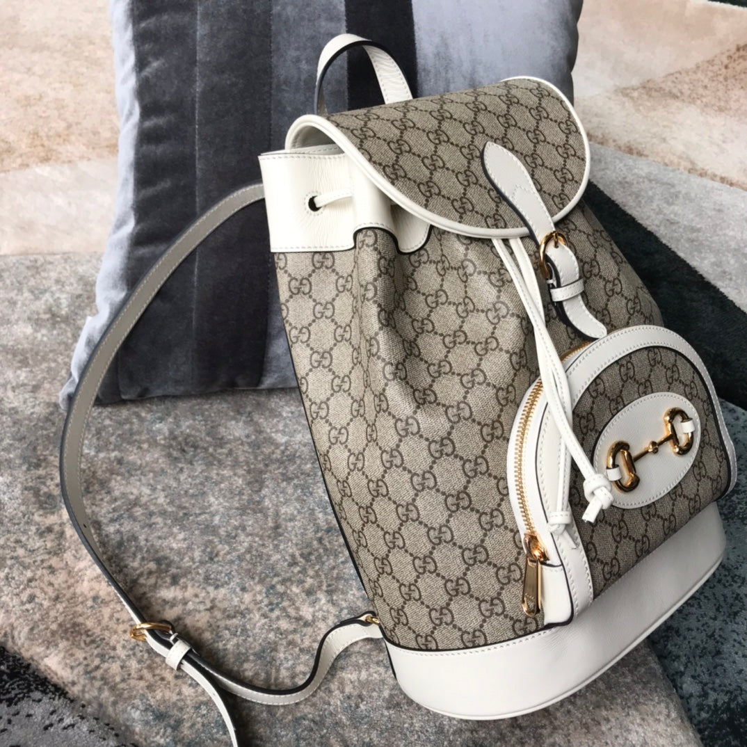 Gucci Horsebit 1955 GG Supreme Canvas Backpack with White Leather Trim