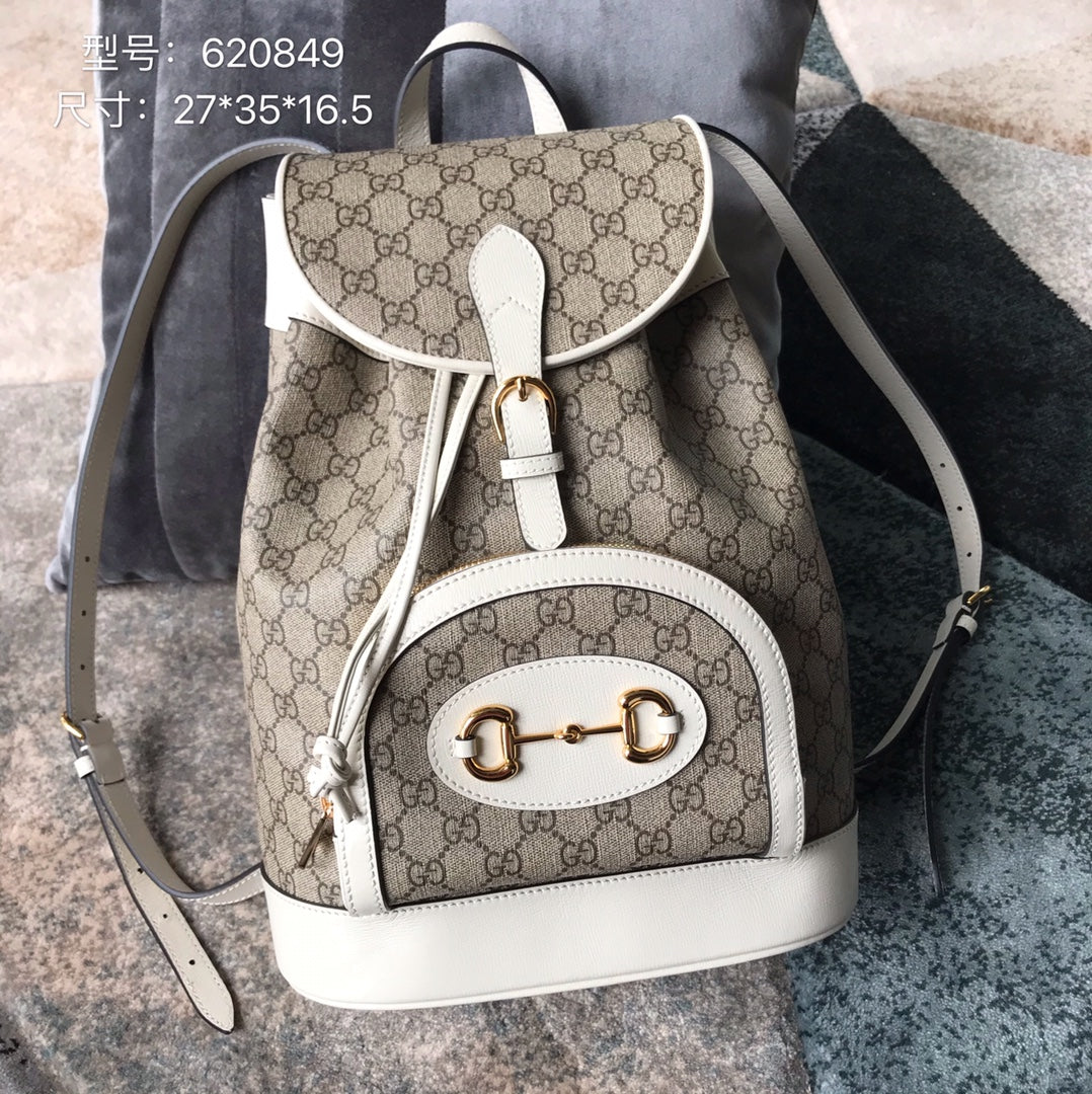 Gucci Horsebit 1955 GG Supreme Canvas Backpack with White Leather Trim