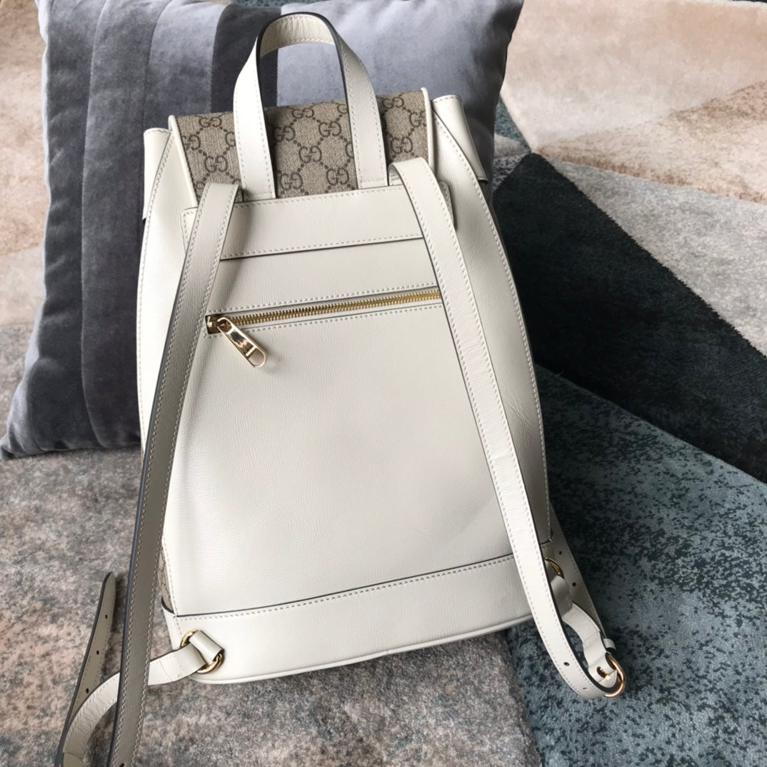 Gucci Horsebit 1955 GG Supreme Canvas Backpack with White Leather Trim