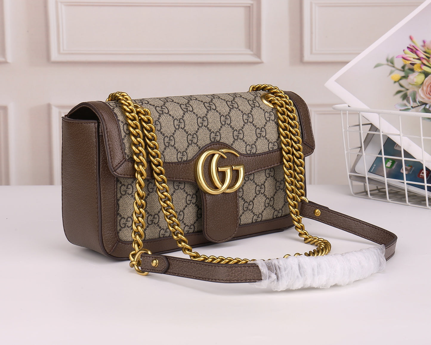 Gucci GG Marmont Small Shoulder Bag in GG Supreme Canvas with Brown Leather