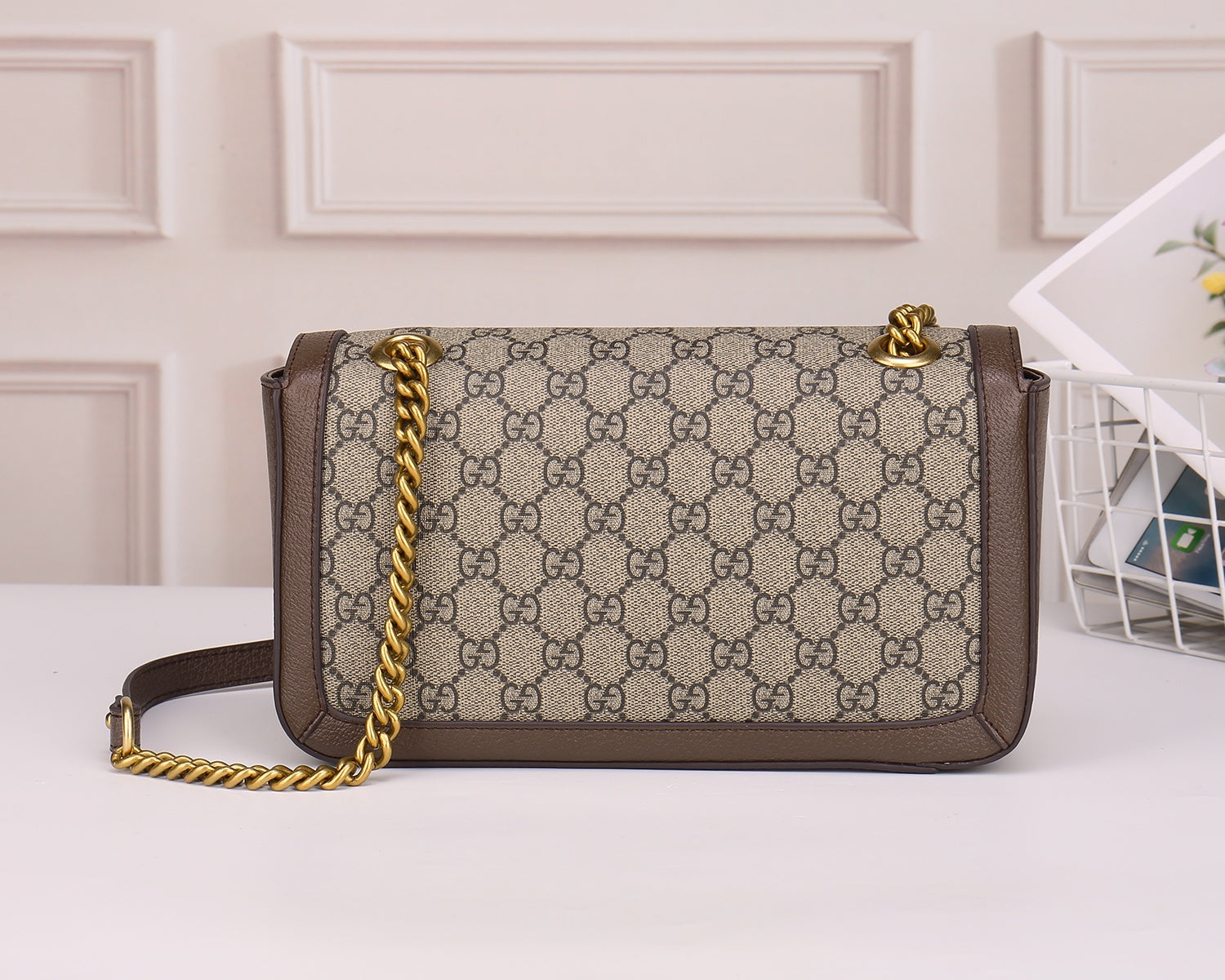 Gucci GG Marmont Small Shoulder Bag in GG Supreme Canvas with Brown Leather