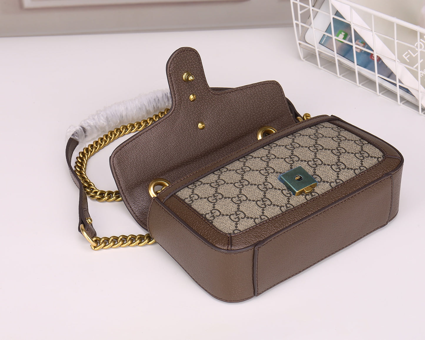 Gucci GG Marmont Small Shoulder Bag in Beige and Ebony GG Supreme Canvas