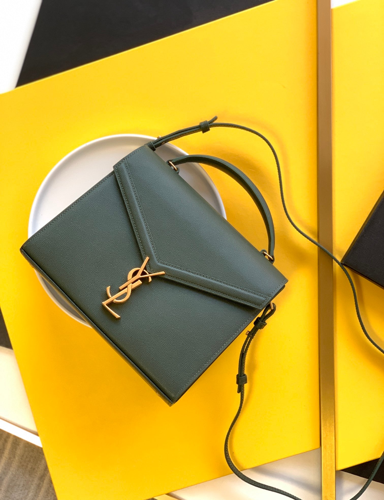 Saint Laurent Cassandra Top Handle Bag in Dark Green Grain de Poudre Embossed Leather - Gold Hardware