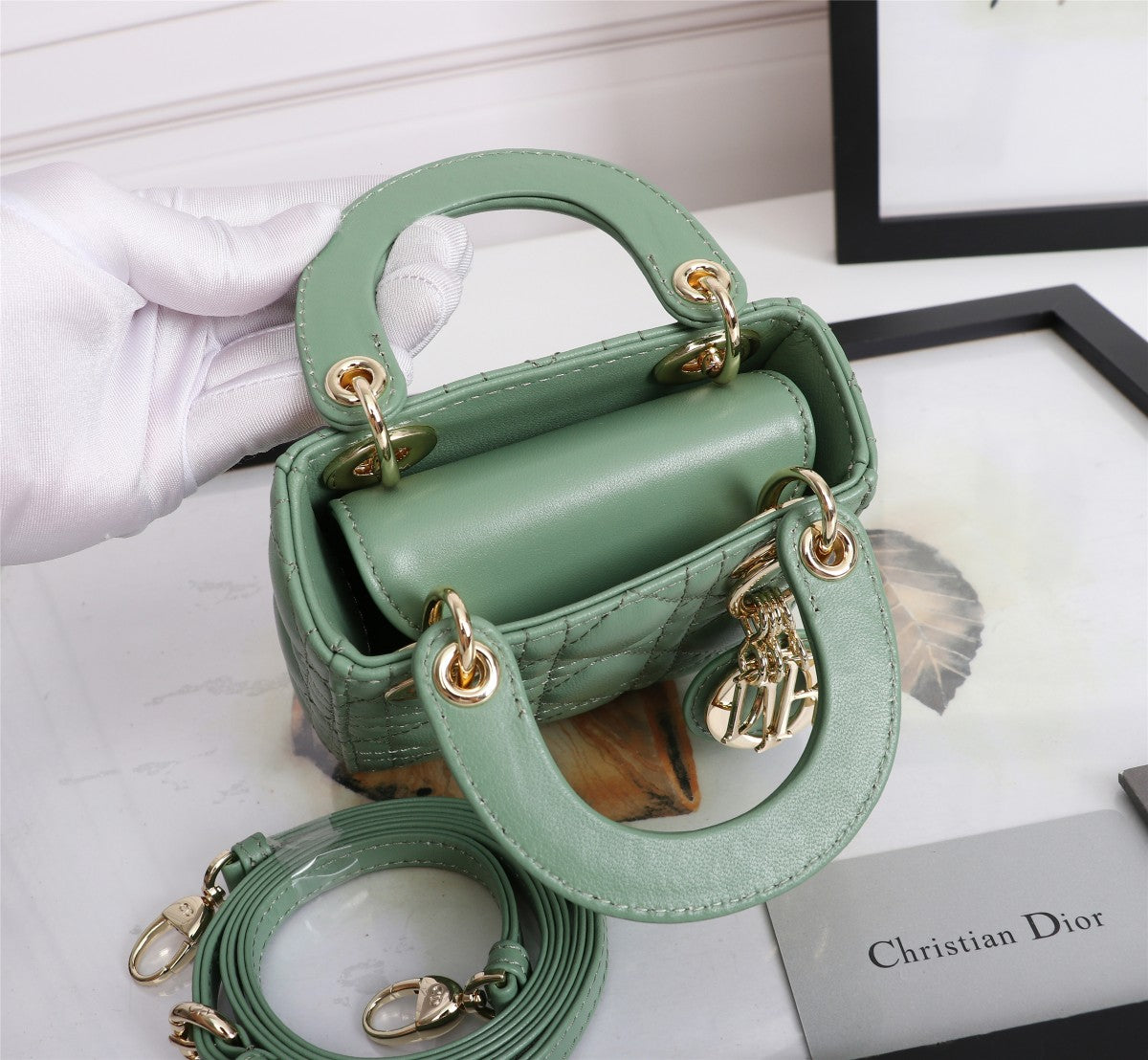 Lady Dior Mini Bag - Mint Green Cannage Lambskin Handbag with Gold-Tone Charms
