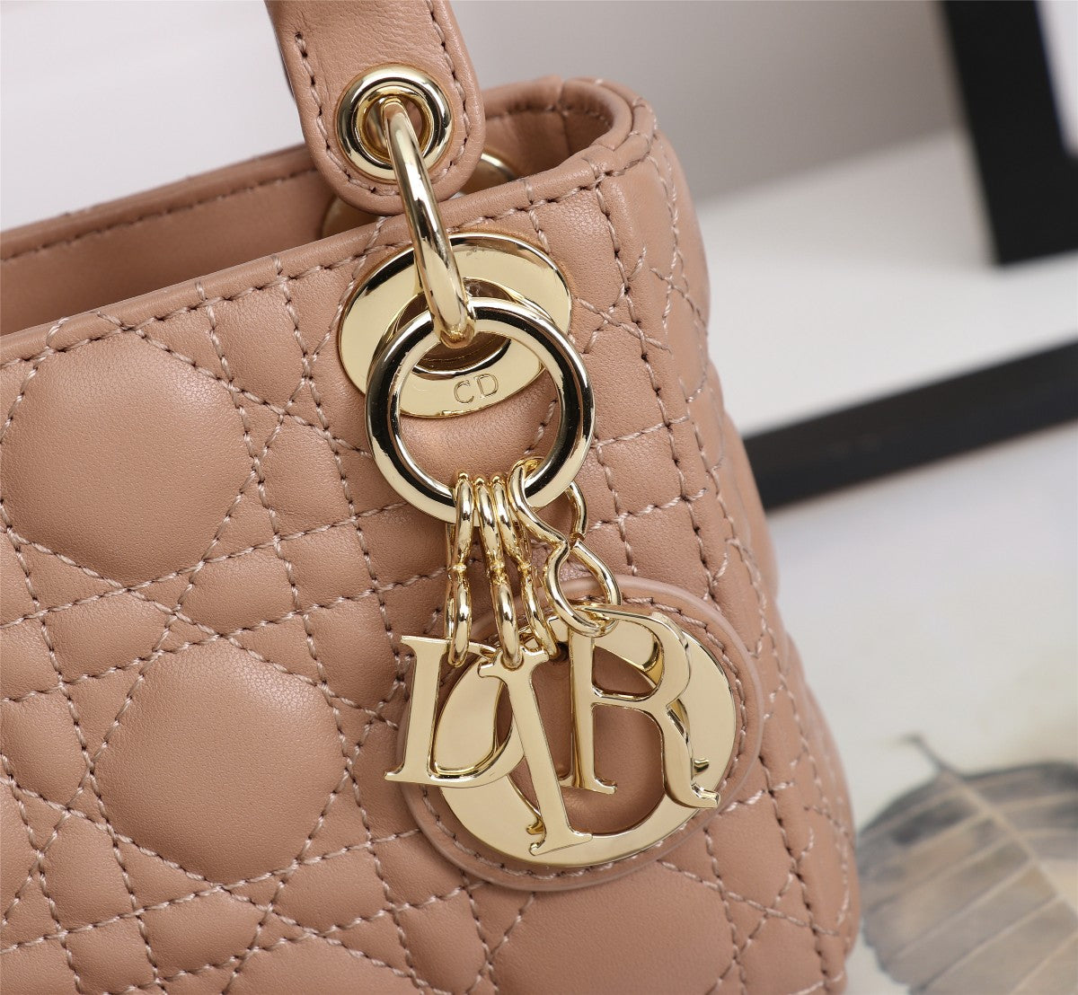 Micro Lady Dior Bag in Nude Cannage Lambskin with Gold-Finish Charms