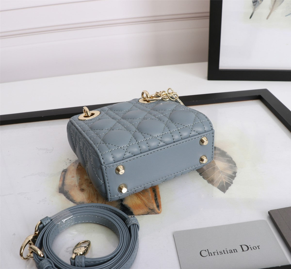 Christian Dior Mini Lady Dior Bag Blue Cannage Lambskin with Gold-Finish Charms