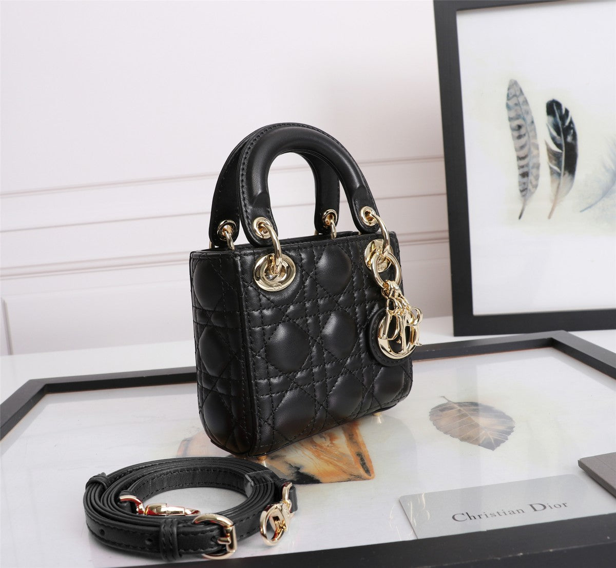 Christian Dior Lady Dior Micro Bag Black Lambskin Cannage with Gold Hardware