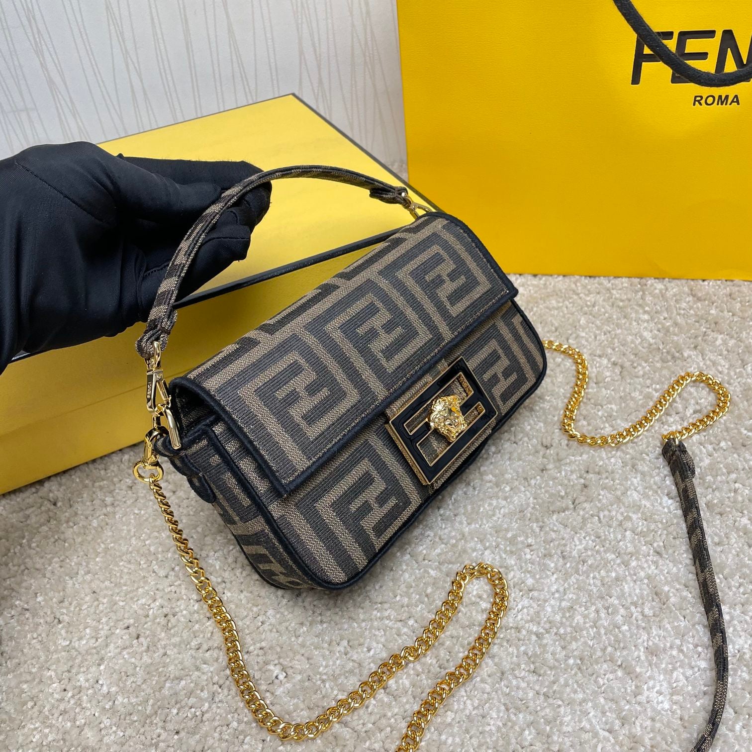 Fendace Baguette Shoulder Bag - Brown FF Monogram &amp; Medusa Gold Hardware