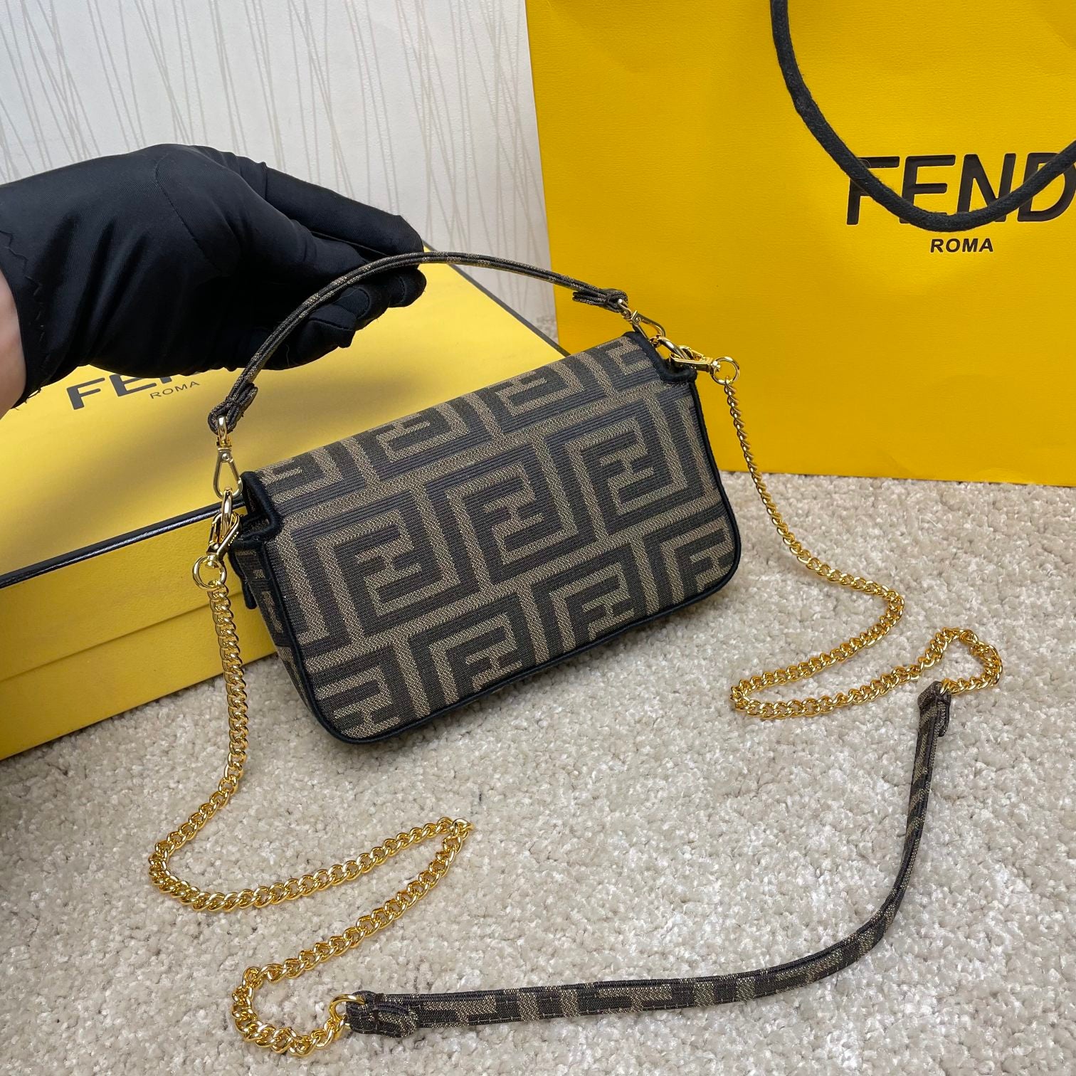 Fendace Baguette Shoulder Bag - Brown FF Monogram &amp; Medusa Gold Hardware