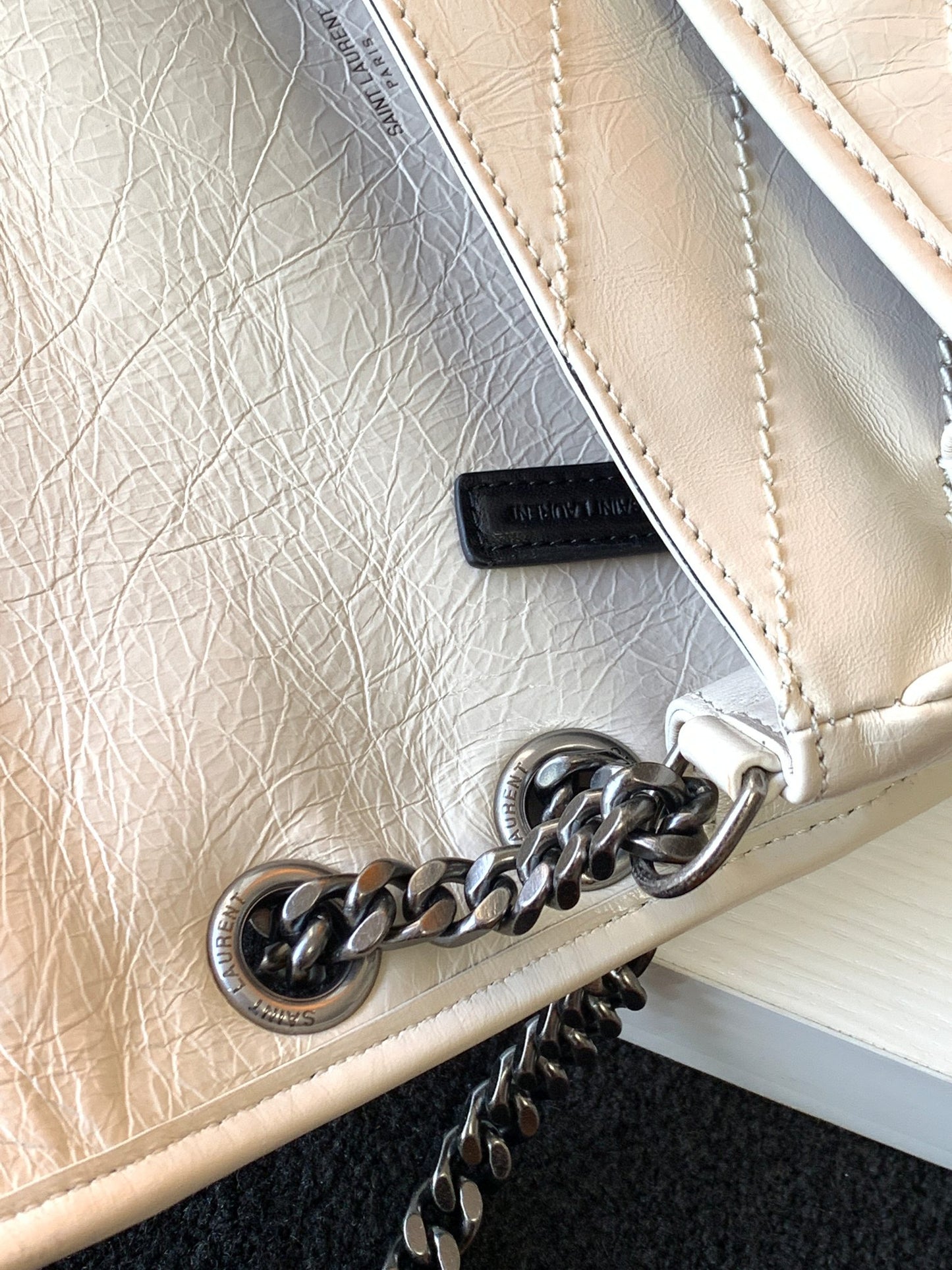 Saint Laurent Niki Medium Shoulder Bag in Crinkled Vintage Leather - Cream