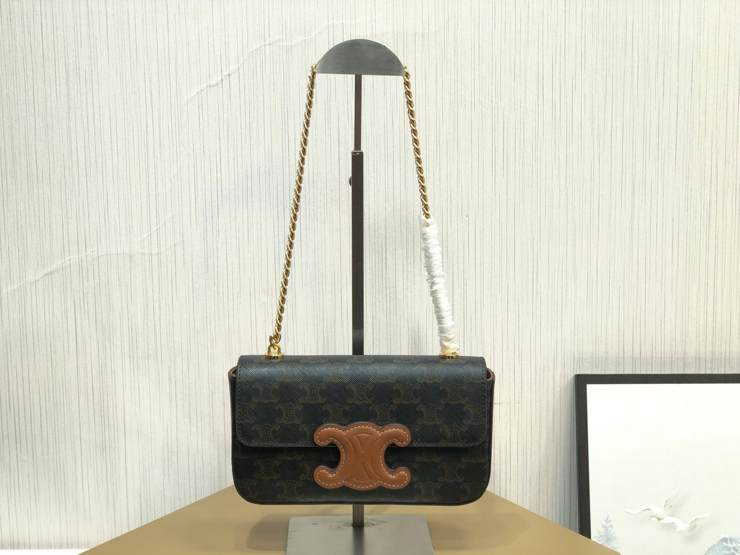 Celine Triomphe Shoulder Bag in Triomphe Canvas with Chain - Black and Tan