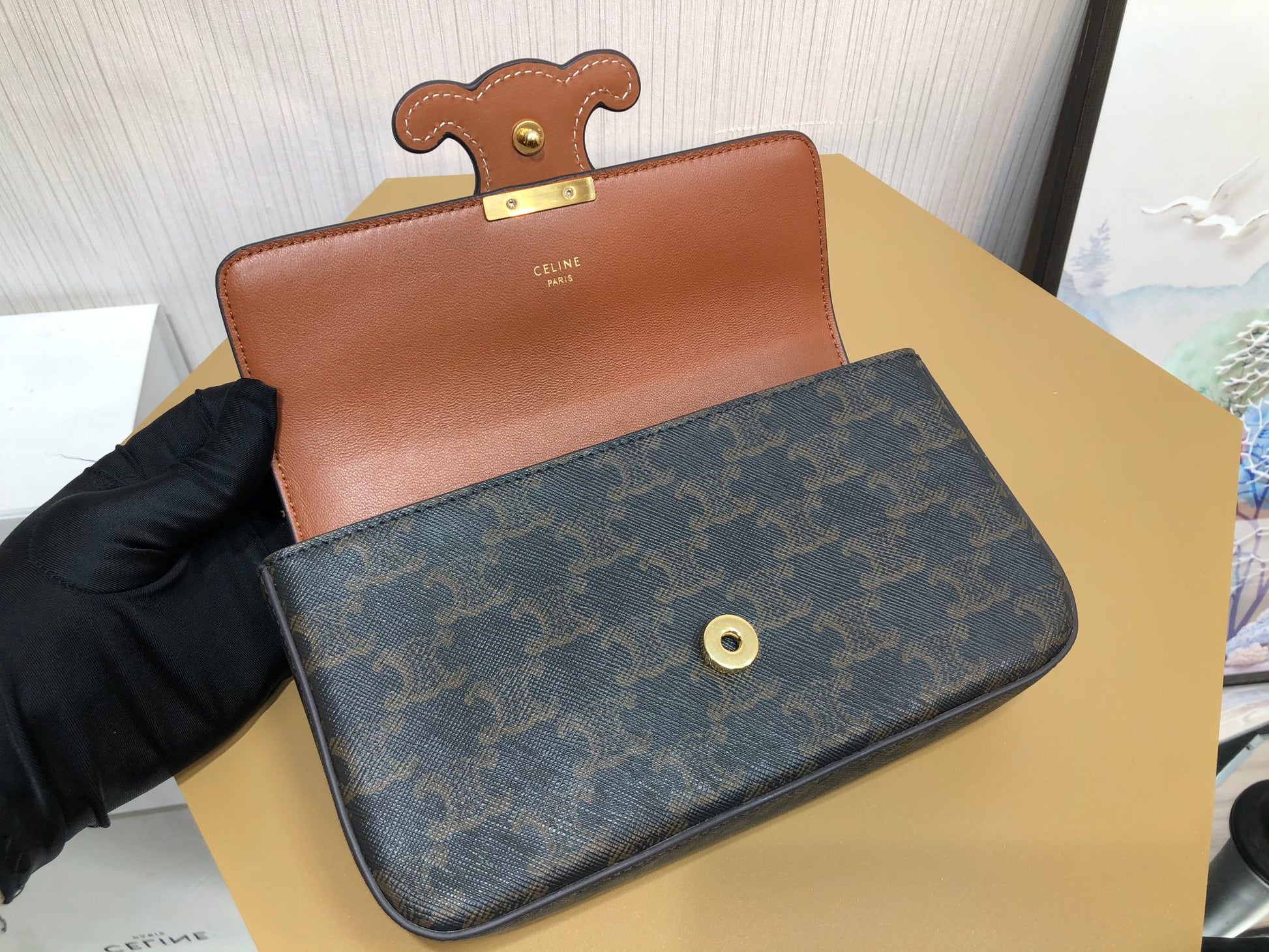 Celine Triomphe Shoulder Bag in Triomphe Canvas with Chain - Black and Tan