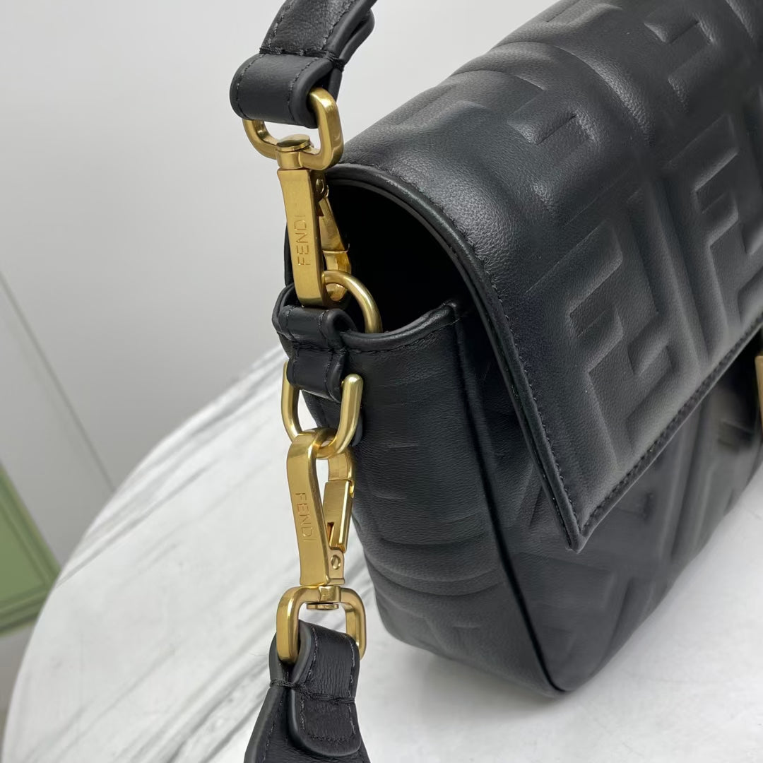 Fendi Baguette Black Embossed Leather Shoulder Bag with FF Clasp