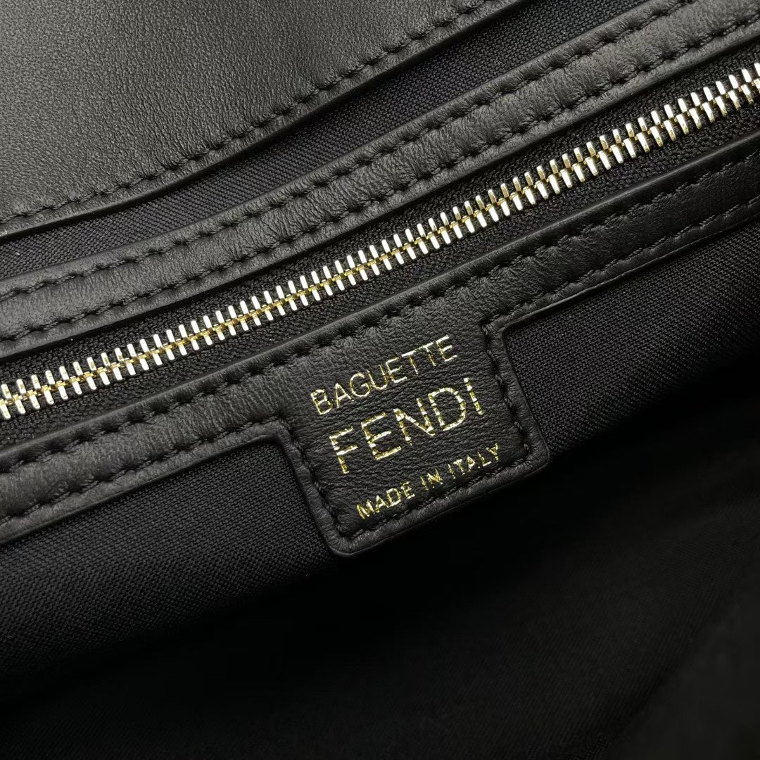 Fendi Baguette Black Embossed Leather Shoulder Bag with FF Clasp