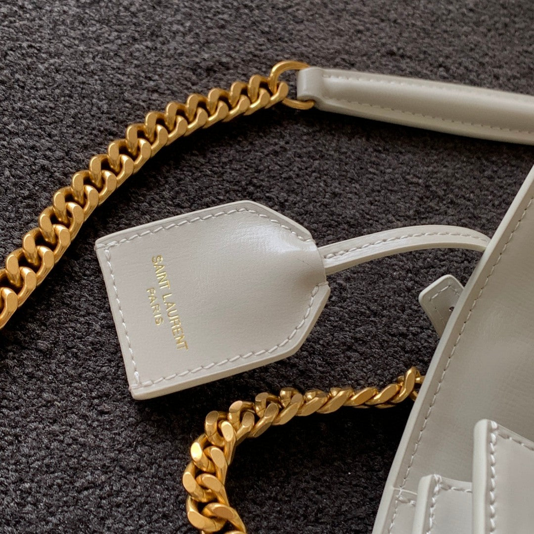 Saint Laurent YSL White Leather Sunset Shoulder Bag with Gold Hardware