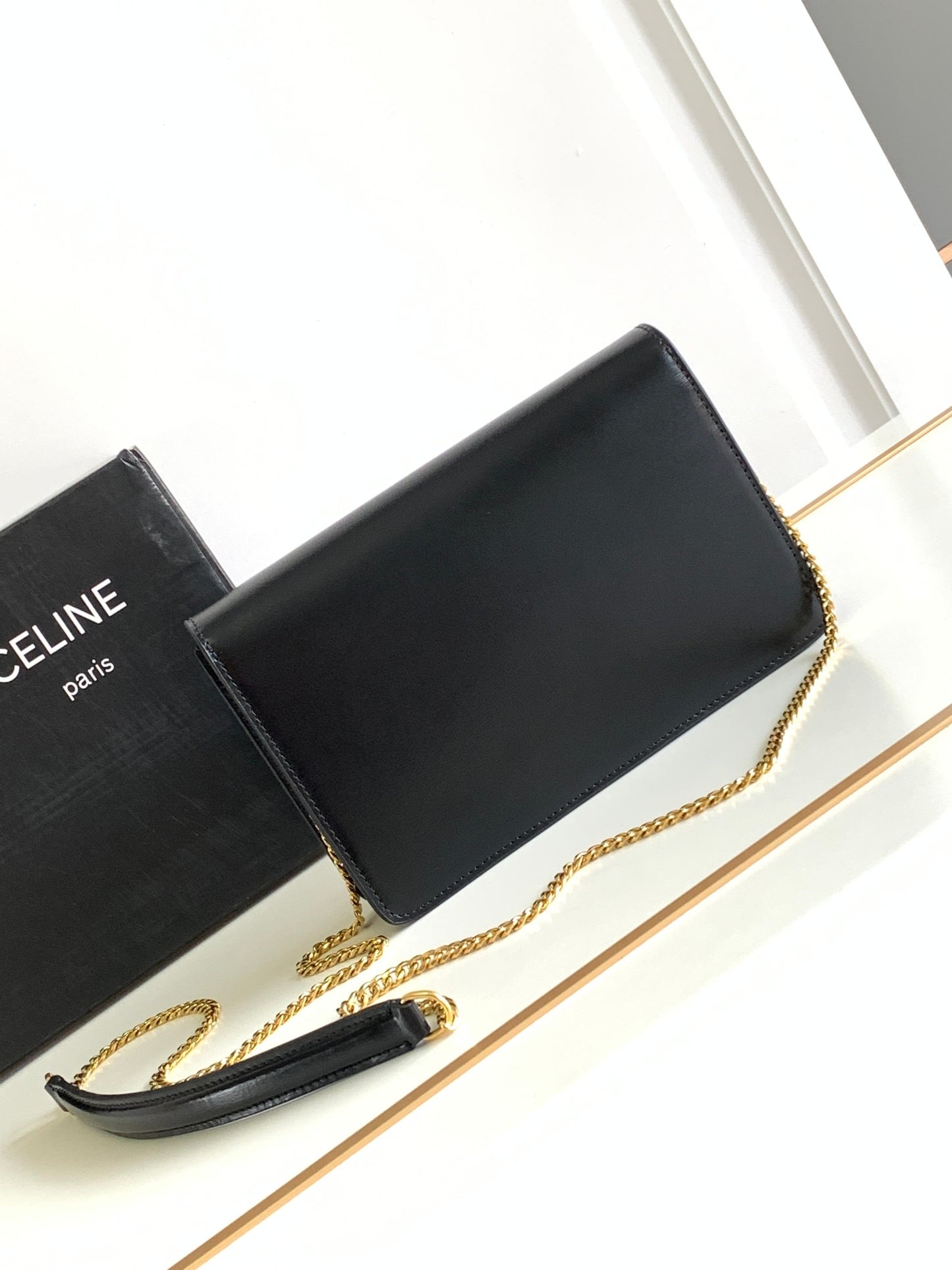 Celine Triomphe Wallet on Chain in Black Shiny Calfskin with Gold Hardware